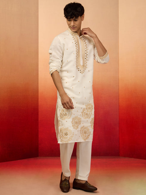 Men's Chiku Silk Blend Embroidered Kurta with Cream Pyjama